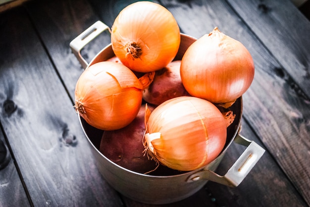 Raw potatoes and onions