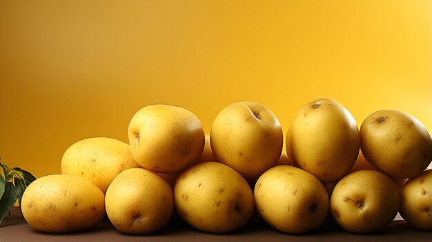 Raw potatoes of same size on yellow background