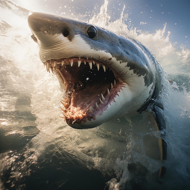 Raw power and ferocity of the shark as it cuts through the water creating a sense of awe and