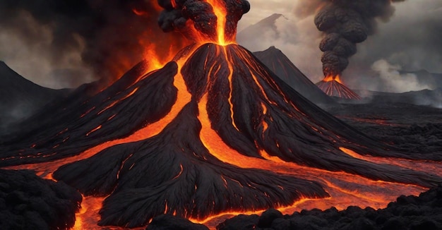 the raw power of volcanoes with molten lava flowing against a backdrop of volcanic landscapes ai gen