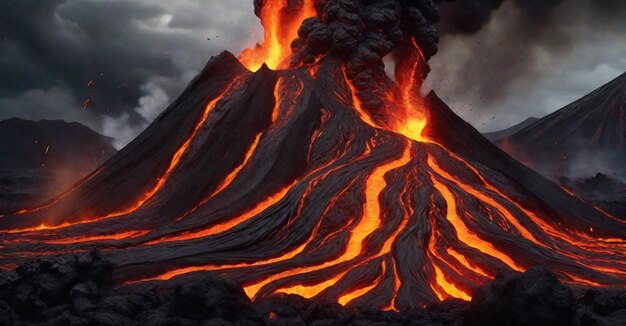 the raw power of volcanoes with molten lava flowing against a backdrop of volcanic landscapes ai gen