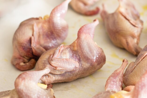 A raw quail stuffed with fresh fruits and vegetables on a tray