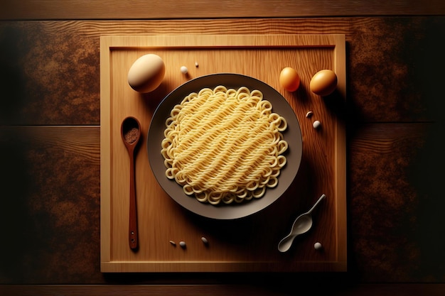 Сырая лапша рамэн на деревянном столе с деревянной тарелкой в качестве фона Лапша рамэн со свежими яйцами и деревянным фоном