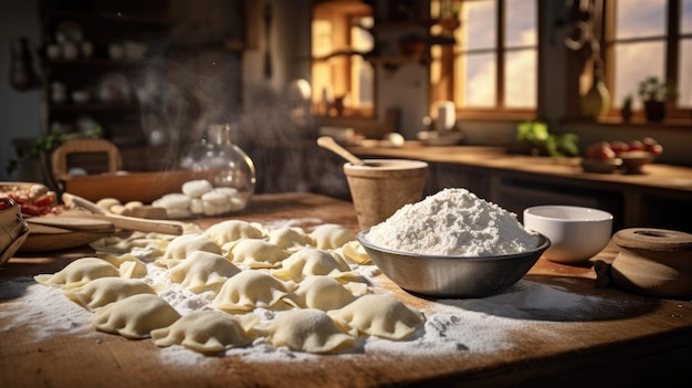 Raw ravioli pasta on table with flour