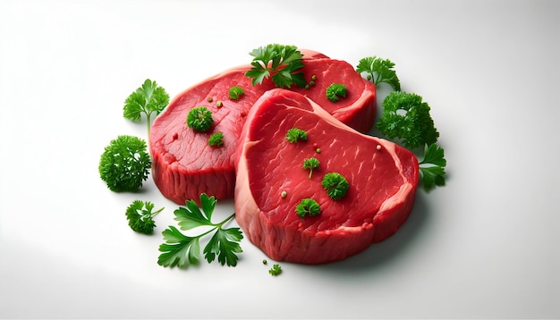 Raw red beef steaks with green parsley garnish fresh and ready for cooking