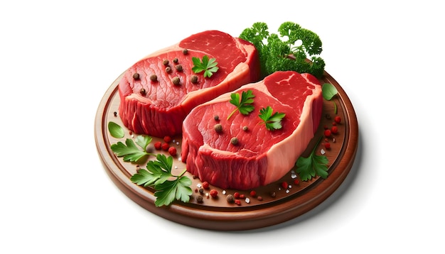 生の赤い牛肉ステーキと緑のパセリガーニッシュ新鮮で調理準備ができています
