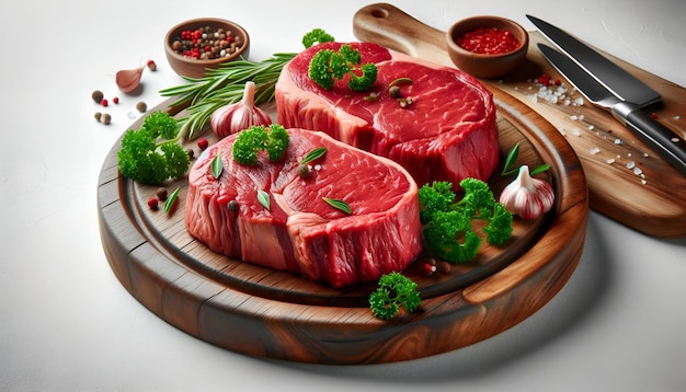 生の赤い牛肉ステーキと緑のパセリガーニッシュ新鮮で調理準備ができています