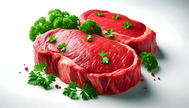 Raw red beef steaks with green parsley garnish fresh and ready for cooking