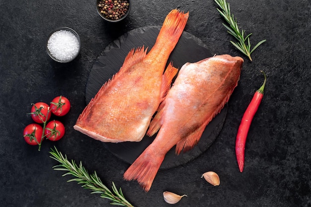 Raw red sea bass with rosemary and spices on stone background