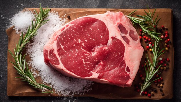 Photo raw red tbone steak with salt and rosemary