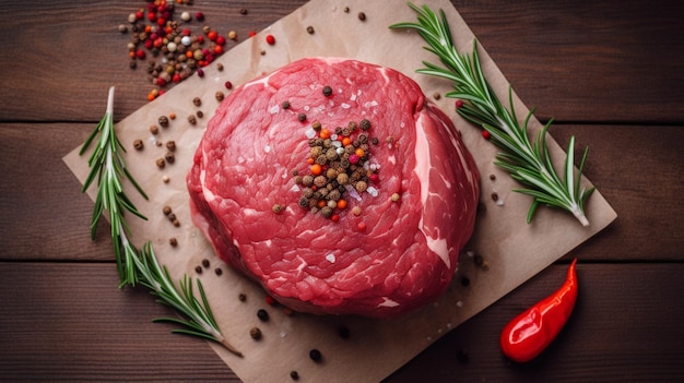 Raw rib eye beef steak with pepper and herbs