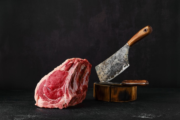 Raw rib-eye steak bone in on dark background