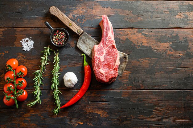 Raw Ribeye Steak, Bone-In Cowboy steak on meat cleaver.