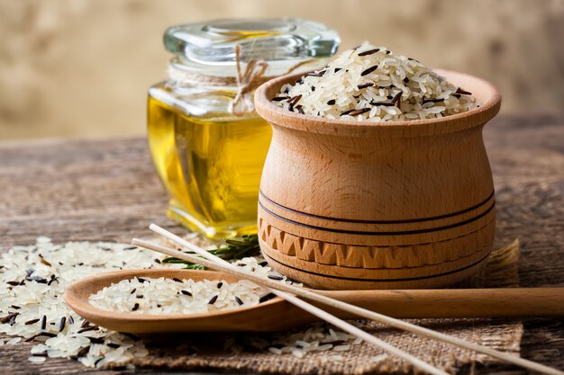 Raw rice grains on a white background