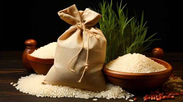 Raw rice inside bag on a grey surface one side copy space