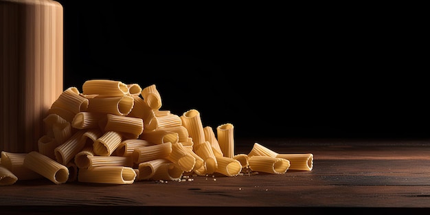 Raw rigatoni pasta on wooden background AI generated