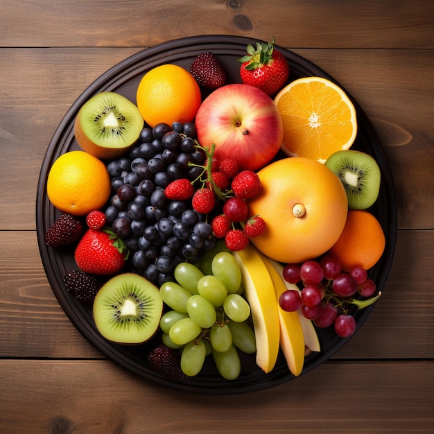 Raw and ripe fruits berries platter on a round brown plate on a wooden table top view AI Generated