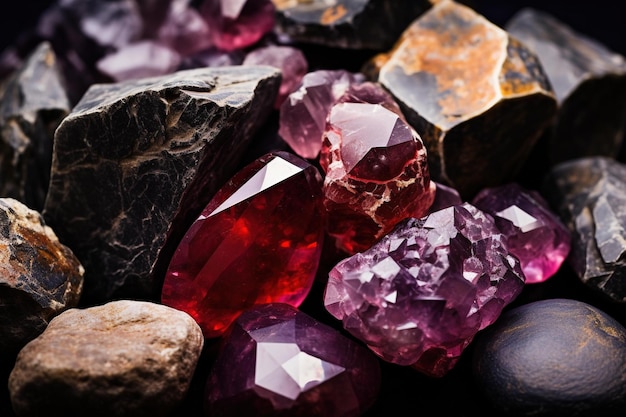 Raw ruby crystals juxtaposed with polished gemstones