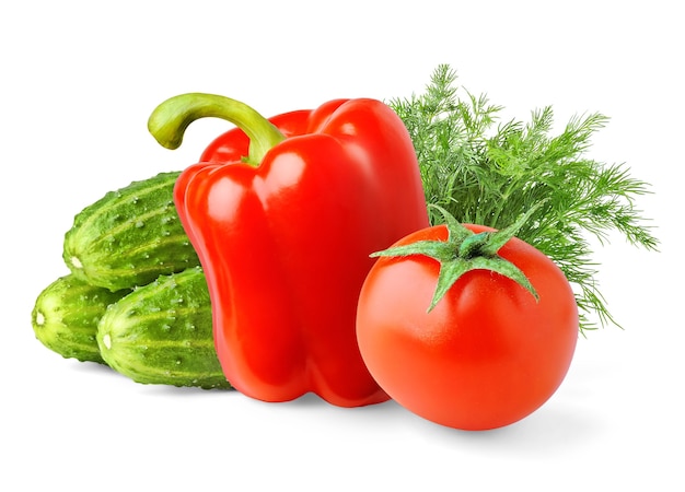 Raw salad vegetables (cucumbers, red bell pepper, cherry tomato, dill) isolated on white