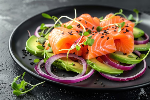 Raw salmon avocado salad in culinary ring on black plate