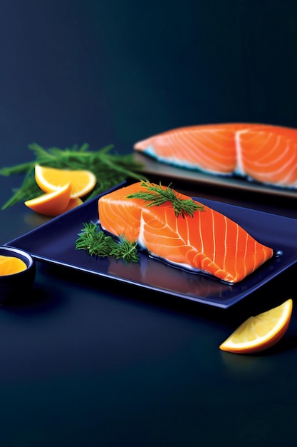 Raw salmon fillet on plate with navy background