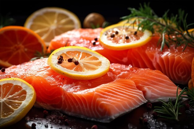 Raw salmon fillet with lemon slices on black background food