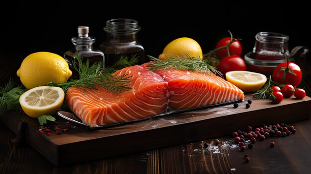 Raw salmon fish on black table