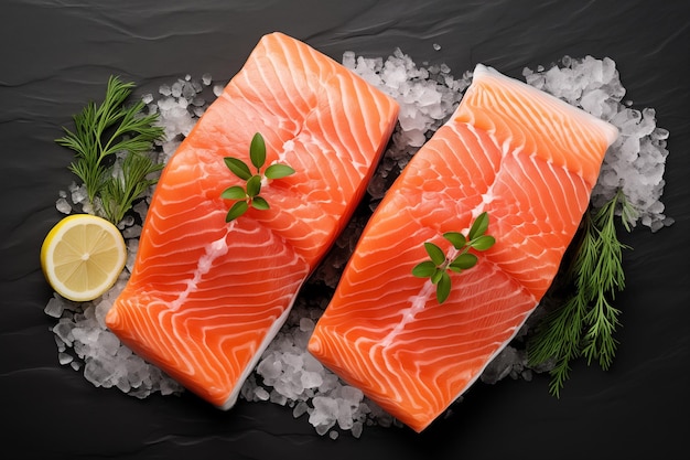 Raw salmon pieces on wooden board with herbs