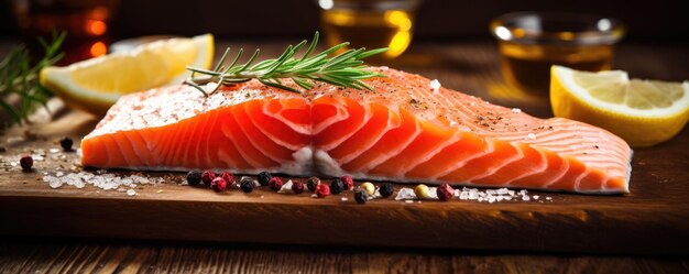 Raw salmon on a plate on wood board in restaurant Seafood Generative ai