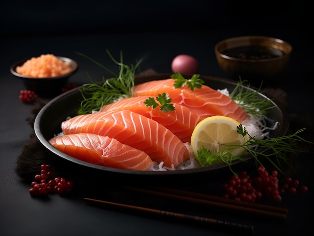 日本料理のサルモン・サシミ (Japanese Salmon Sashimi) はサルモンを生で切ってレモンとポンズーソースで黒い皿にいてアジア料理のコンセプトであるジェネレーティブ・AI (Generative AI) を用意しています