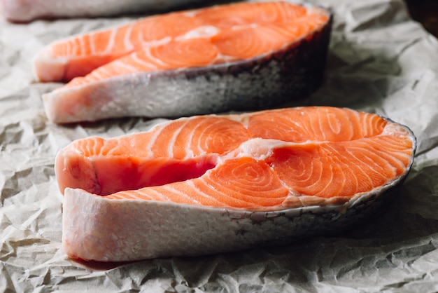 Raw Salmon Steak on Parchment Paper