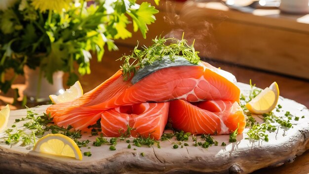 Raw salmon steaks on the wooden board