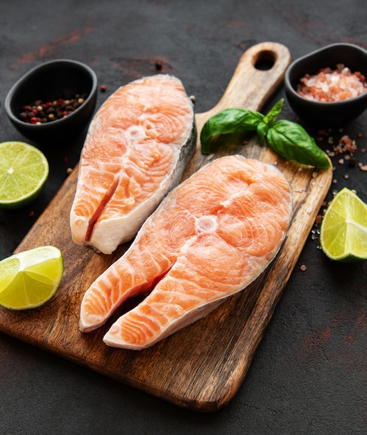 Raw salmon steaks