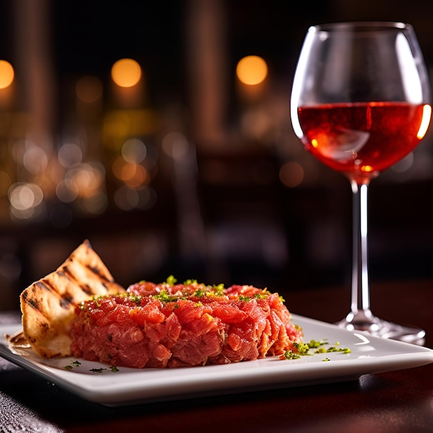 Raw salmon tartare with black caviar and a glass of white wine on a restaurant table Fresh salmon starter on a whote plate fine dining restaurant appetizer Generative AI