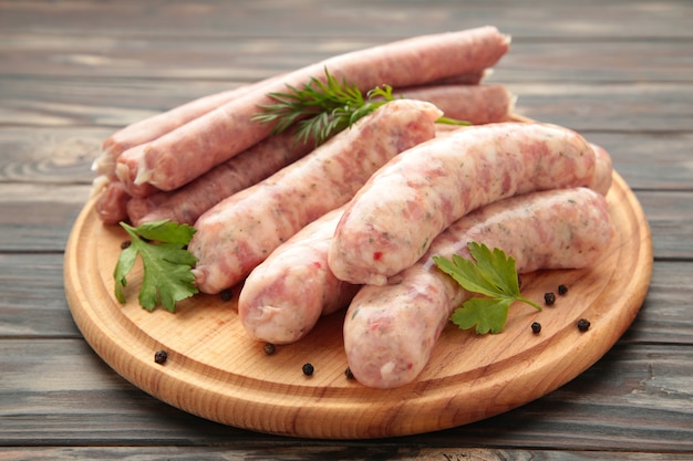 Raw sausage on cutting board on brown table. Top view