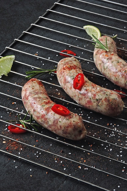 Raw sausage with spices on the grill grate. Unprepared Bavarian sausages.