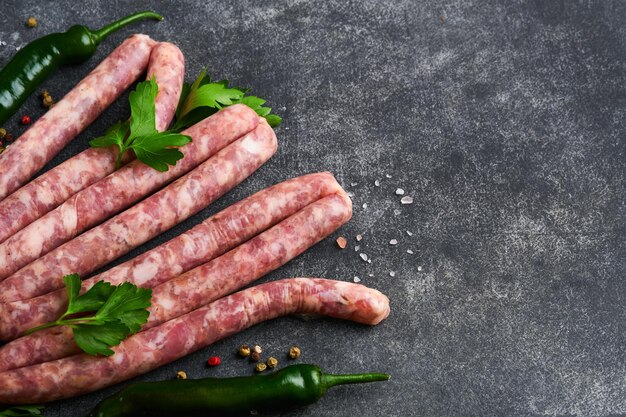 Raw sausages Bratwurst or sausages with ingredients on cutting board with spices on a stone background with copy space Food cooking background Top view