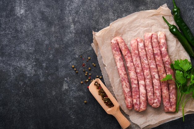 Raw sausages Bratwurst or sausages with ingredients on cutting board with spices on a stone background with copy space Food cooking background Top view