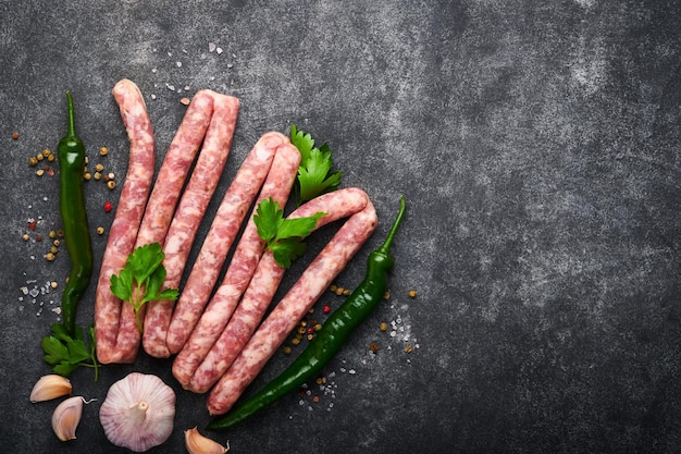 Raw sausages bratwurst or sausages with ingredients on cutting\
board with spices on a stone background with copy space food\
cooking background top view