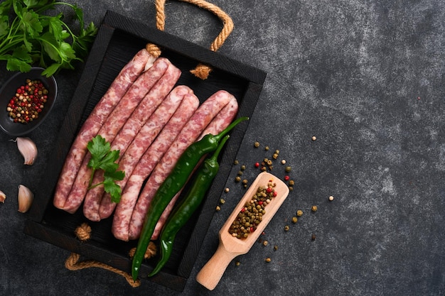 Raw sausages bratwurst or sausages with ingredients on cutting\
board with spices on a stone background with copy space food\
cooking background top view