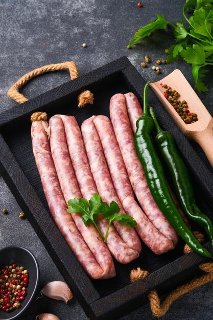 Raw sausages bratwurst or sausages with ingredients on cutting\
board with spices on a stone background with copy space food\
cooking background top view