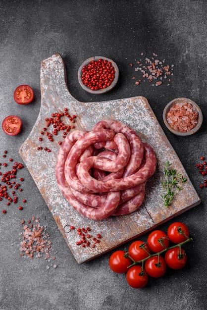 Raw sausages from pork or beef with salt spices and herbs