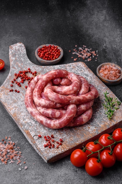 Raw sausages from pork or beef with salt spices and herbs