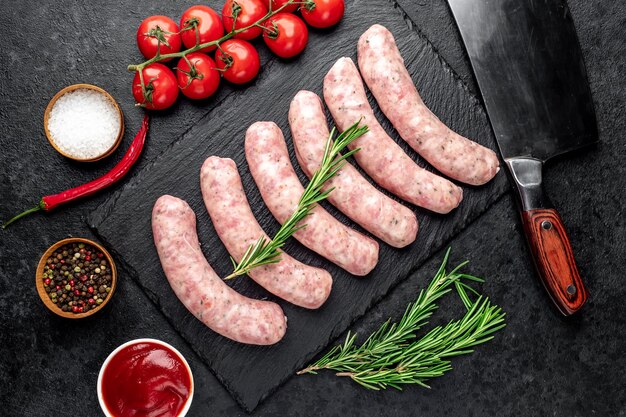 raw sausages for grilling on a stone table