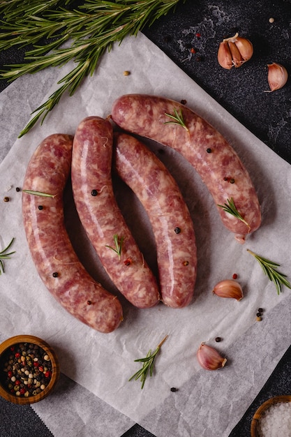 Raw sausages and ingredients for cooking on a black stone table