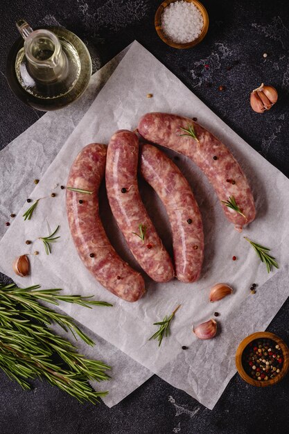 Raw sausages and ingredients for cooking on a black stone table