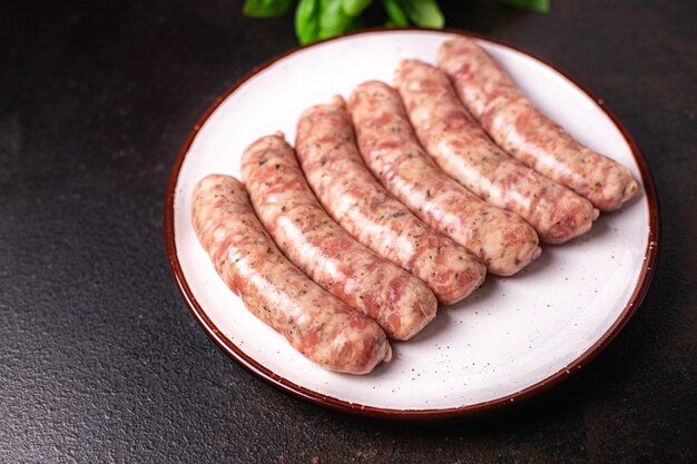 Raw sausages meat pork beef idea chicken lamb fresh portion ready to eat meal snack