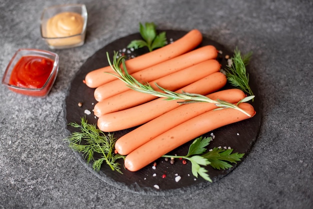 raw sausages on stone background