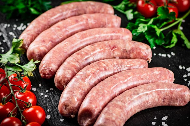 Raw sausages on a stone board with spices tomatoes and herbs