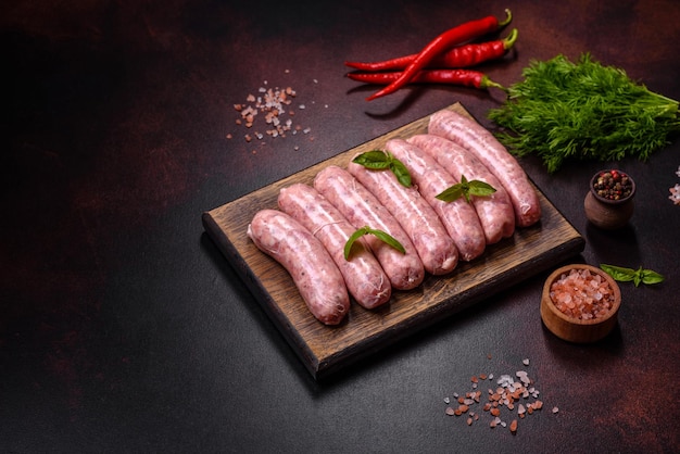 Raw sausages with ingredients on a cutting board on a dark concrete background with copy space